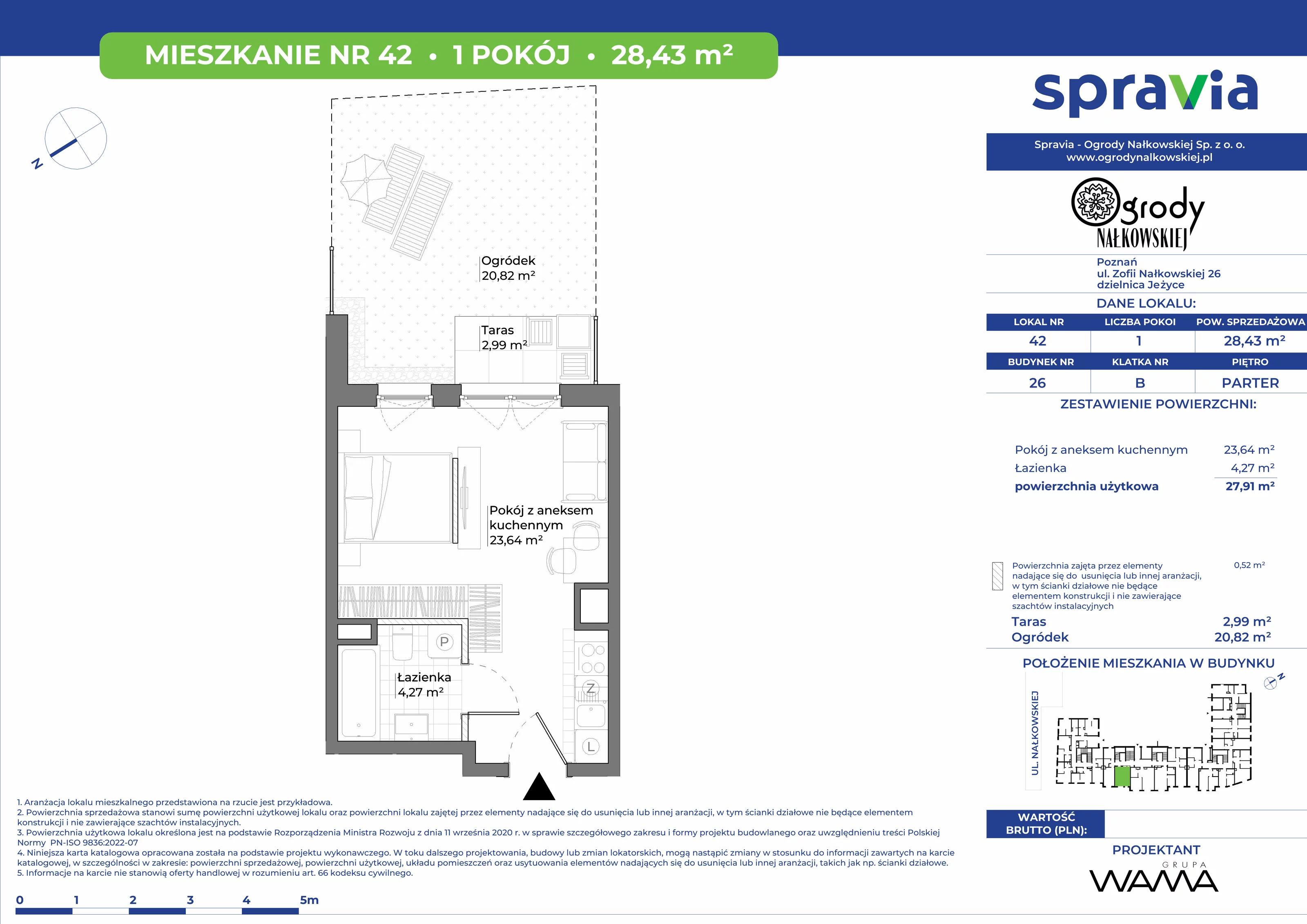 1 pokój, mieszkanie 28,43 m², parter, oferta nr 26-42, Ogrody Nałkowskiej, Poznań, Ogrody, ul. Nałkowskiej 24, 26